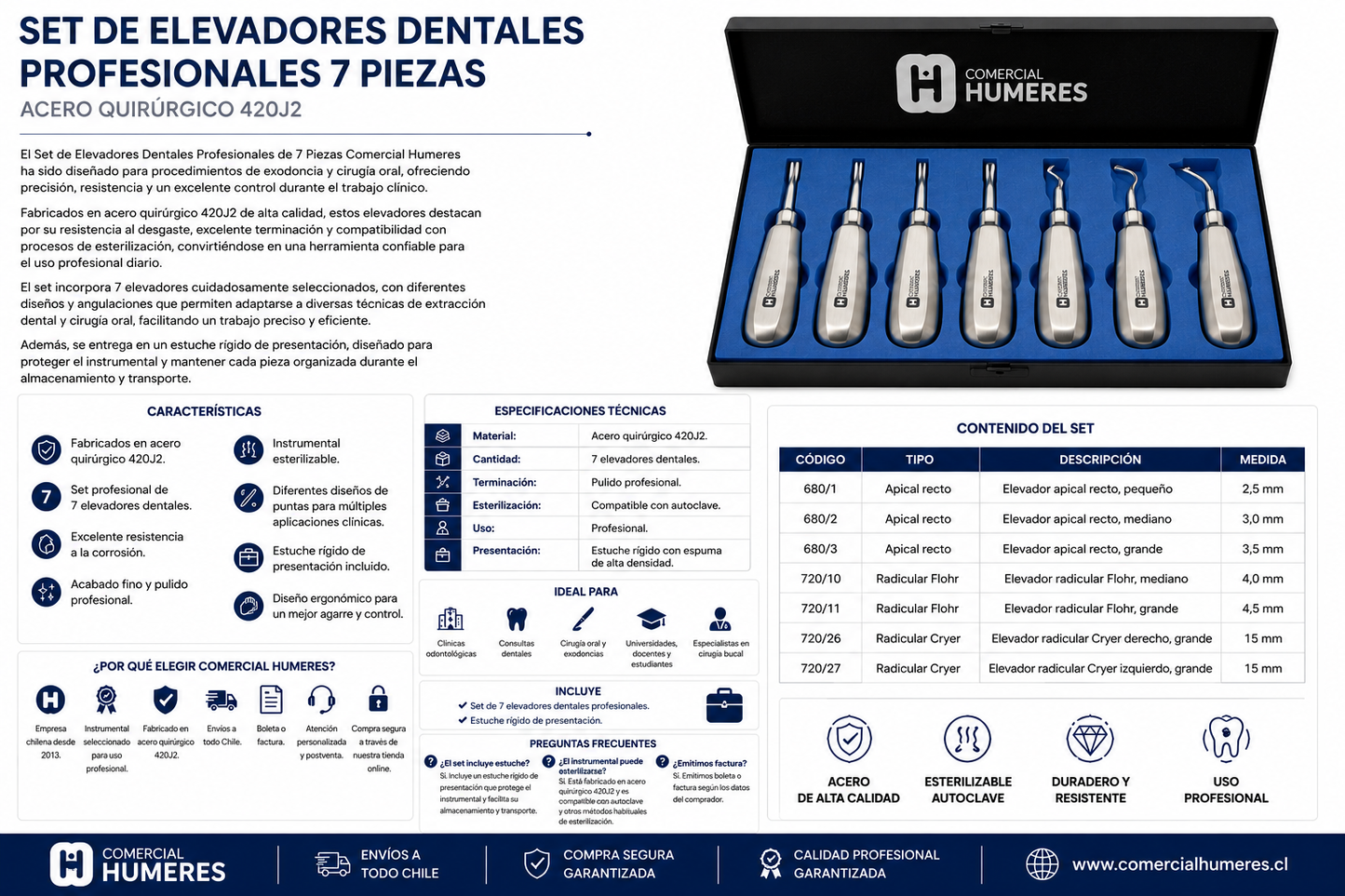 Set de Elevadores Dentales Profesionales 7 Piezas | Acero Quirúrgico 420J2
