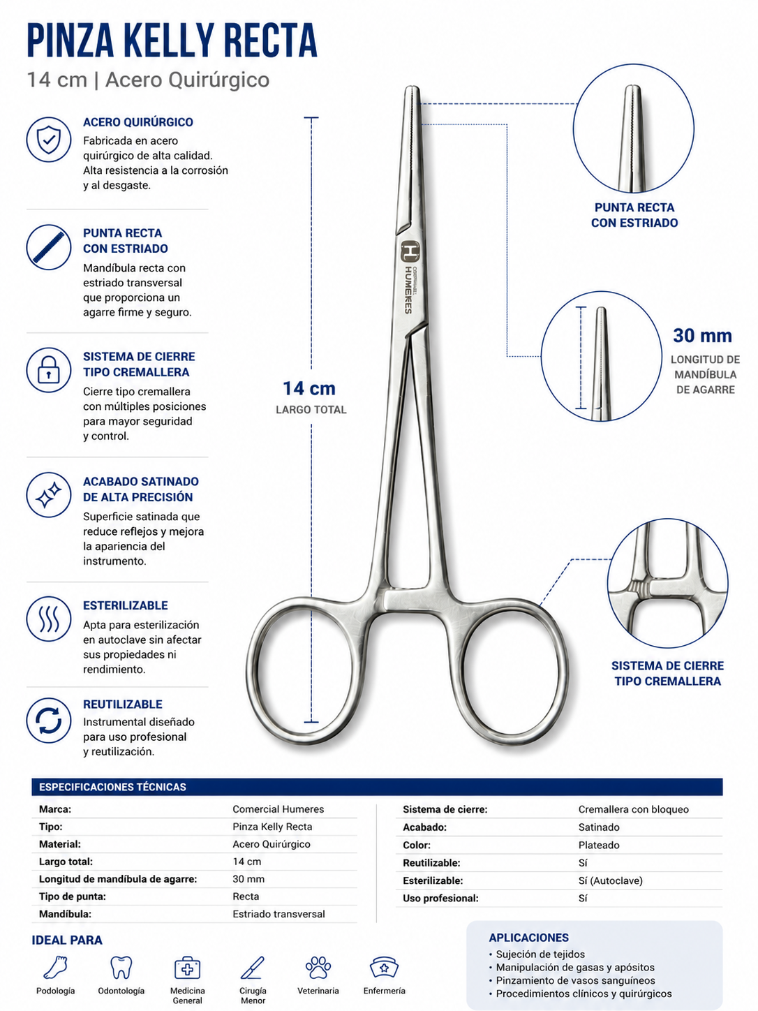 Pinza Kelly Recta 14 cm | Acero Quirúrgico